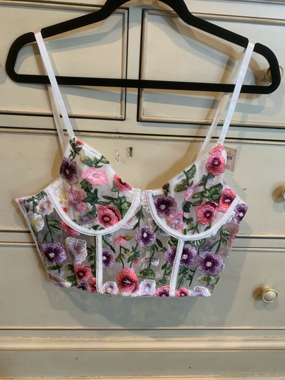 Anthropologie floral Embroidered Sheer Bustier Crop Top - Pink & Purple Flowers